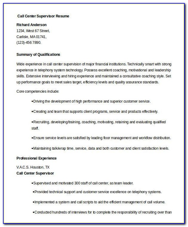 Call Center Resume Format Free Download