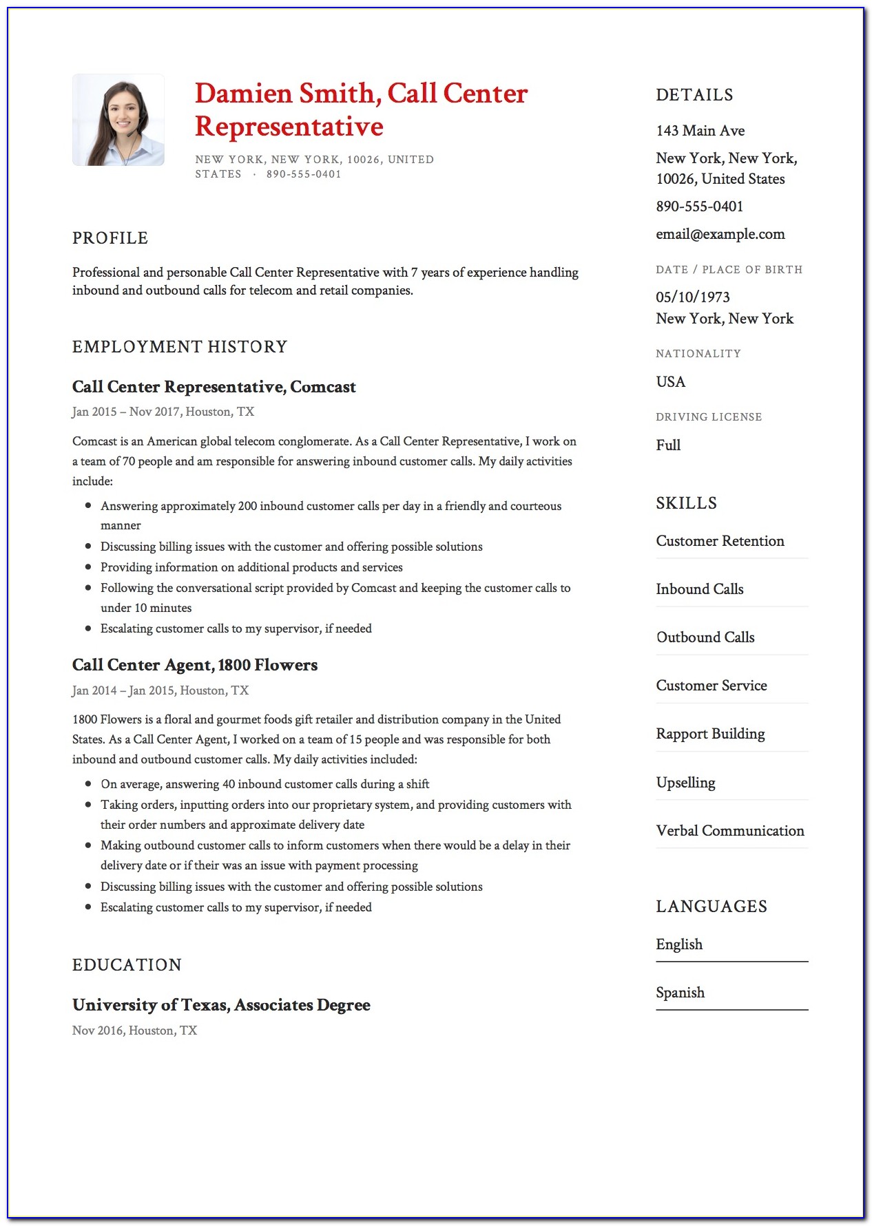 Call Center Resume Format In Word