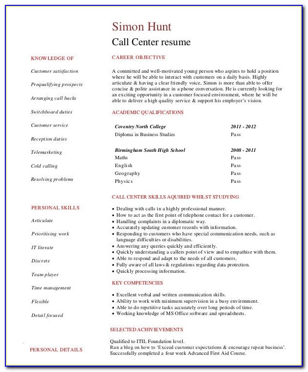 Call Center Resume Template Free Download