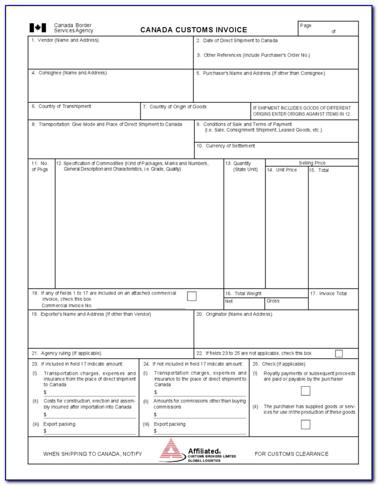 Canada Customs Invoice Forms