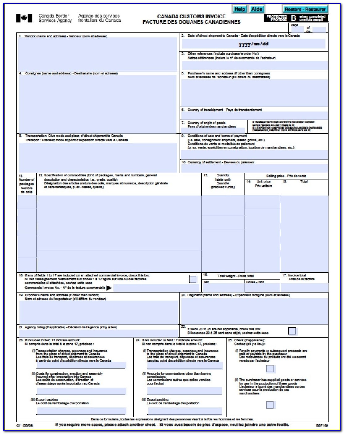 Canada Customs Invoice In Word Format