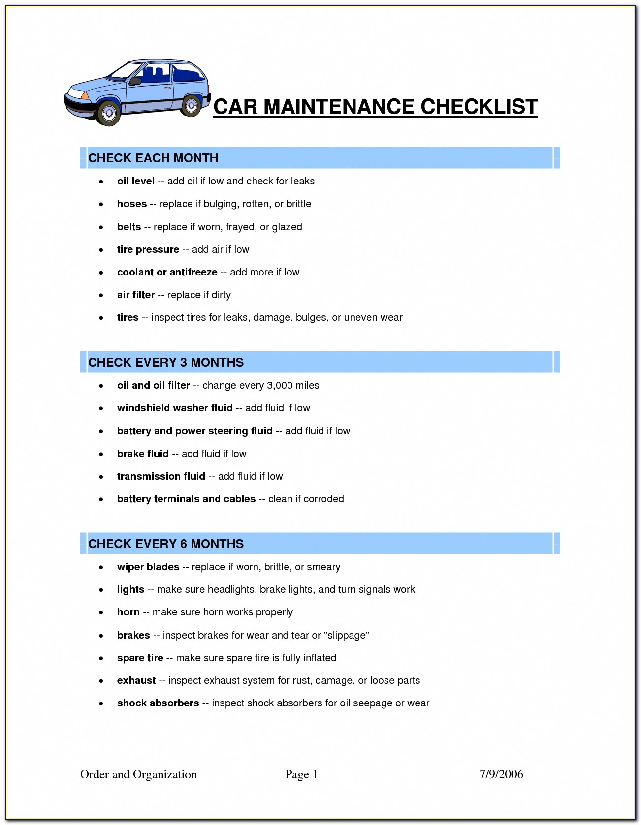 Car Service Checklist Form