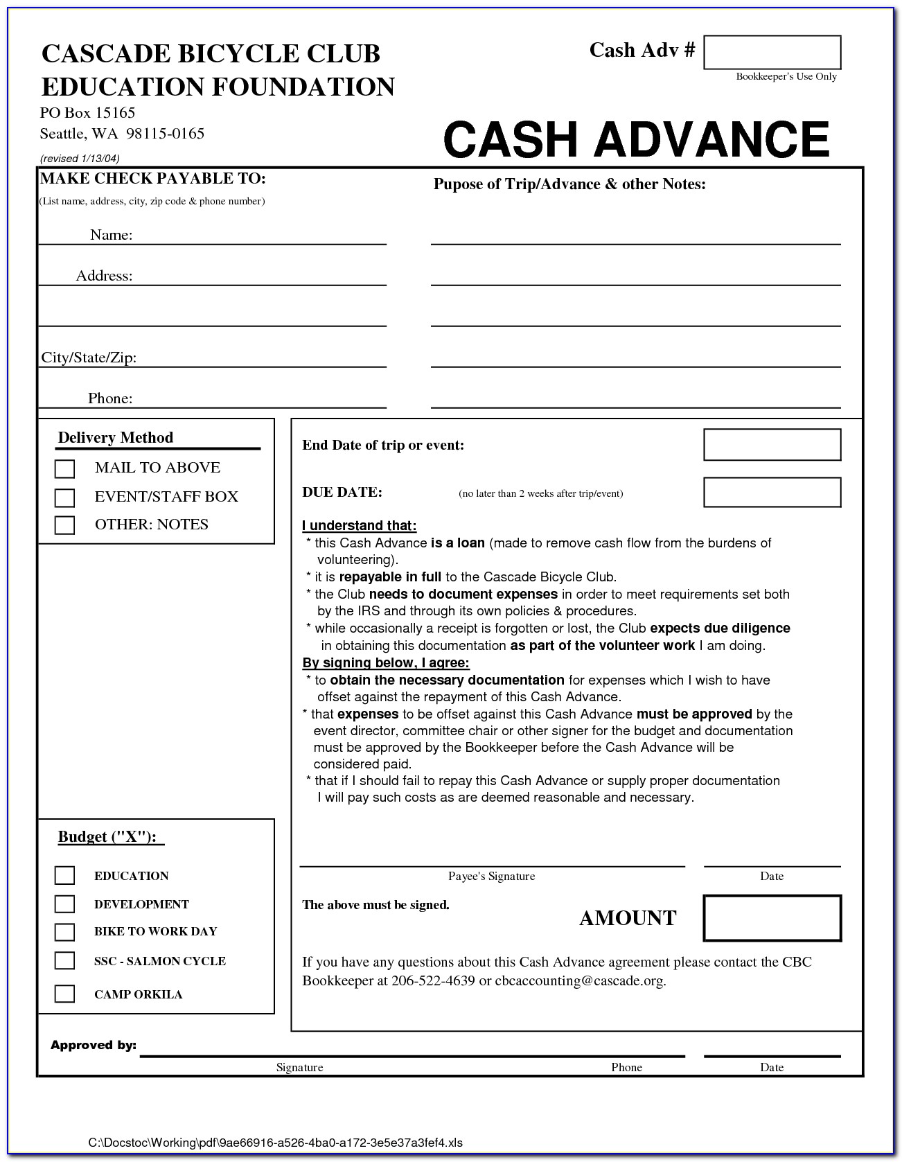 Cash Advance Agreement Form