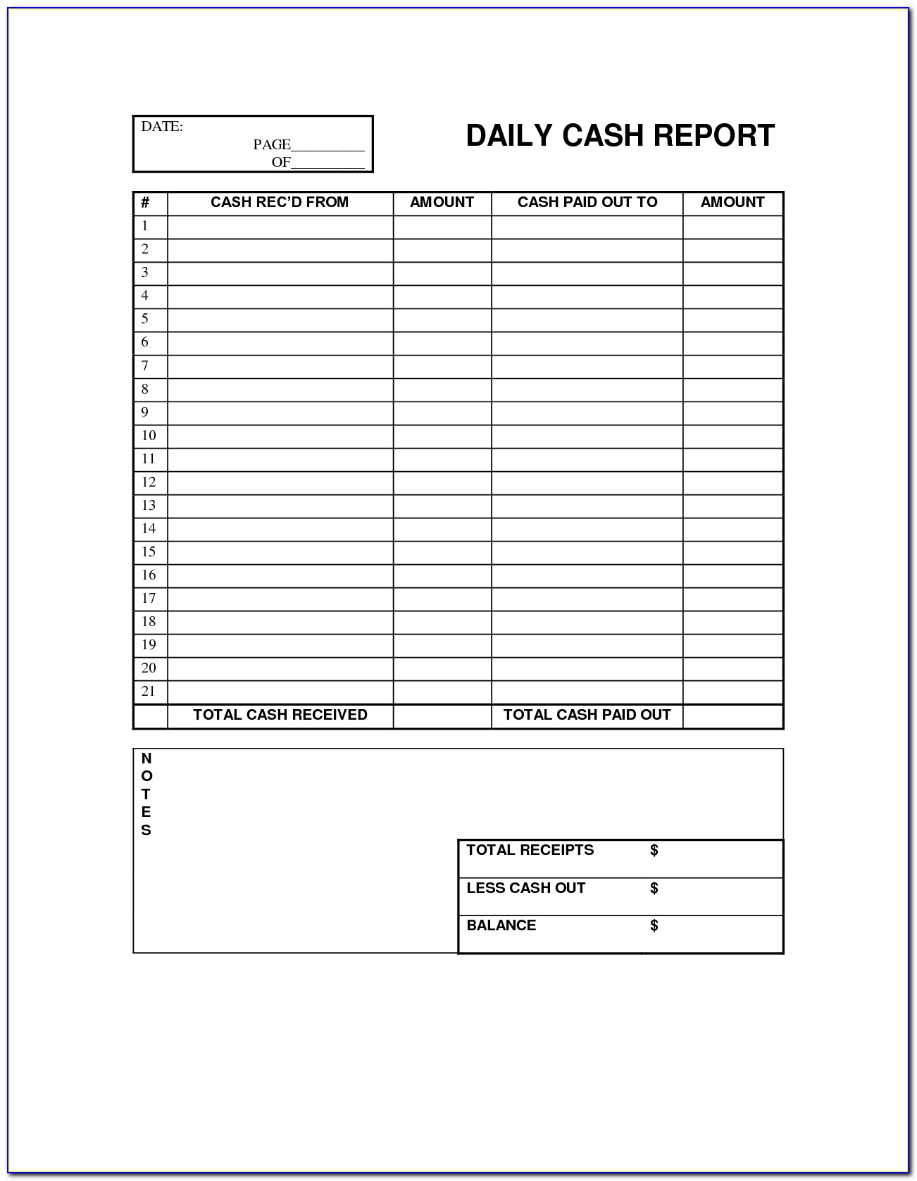 Cash Register Till Balance Sheet Template