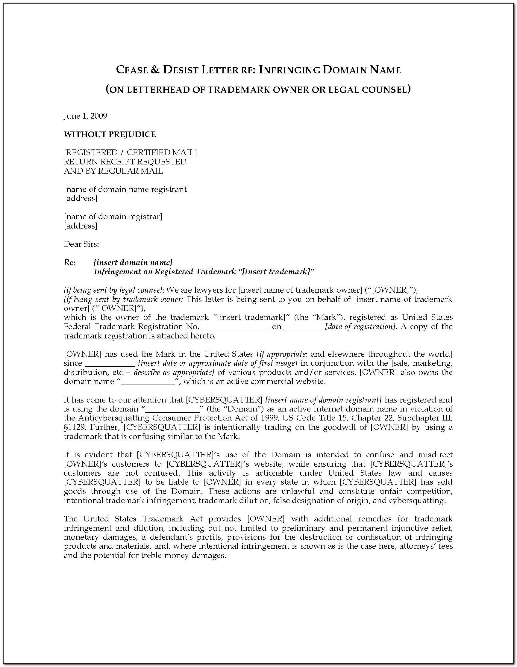 Cease And Desist Letter Template Intellectual Property
