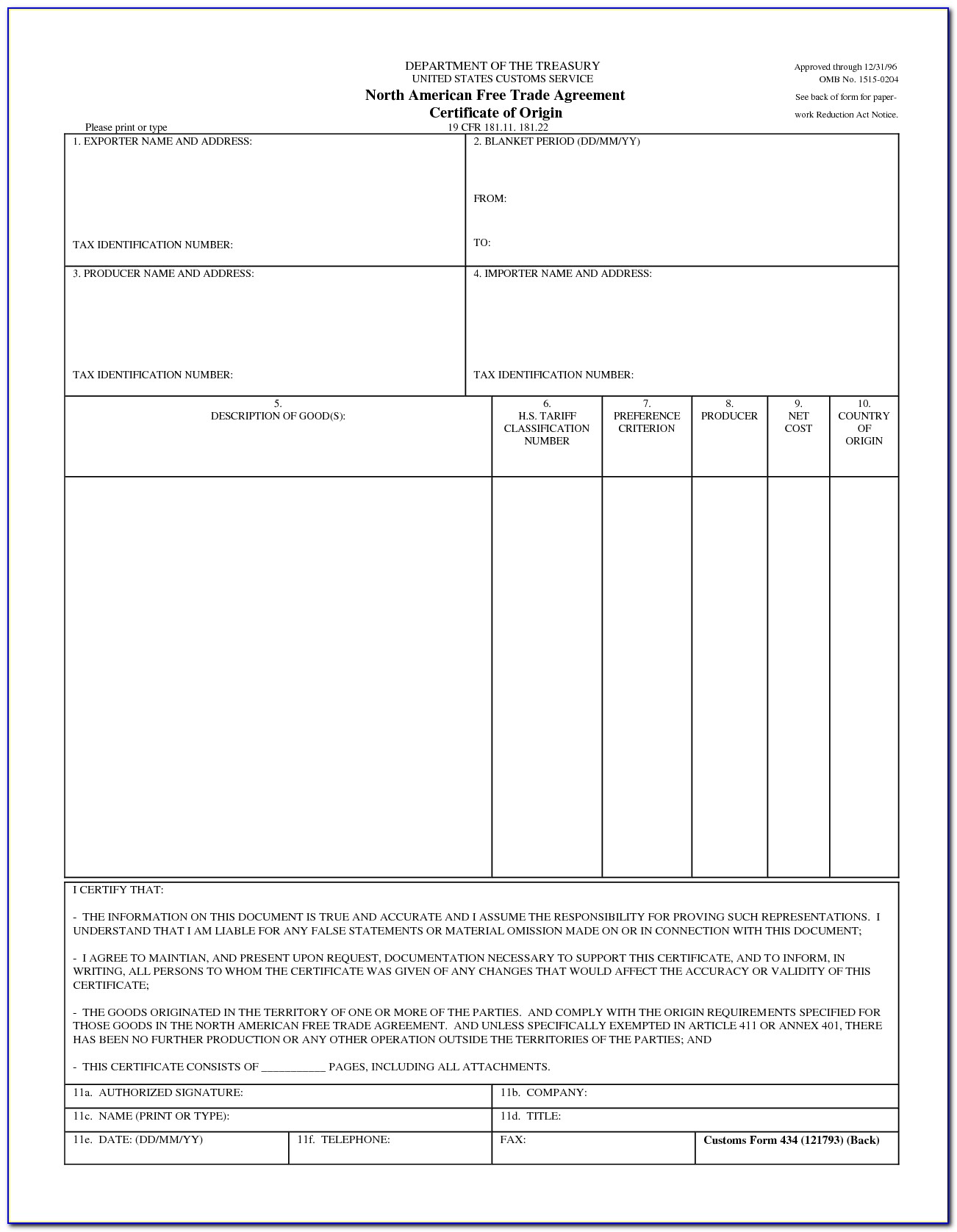 Certificate Of Origin Form Usa To Australia