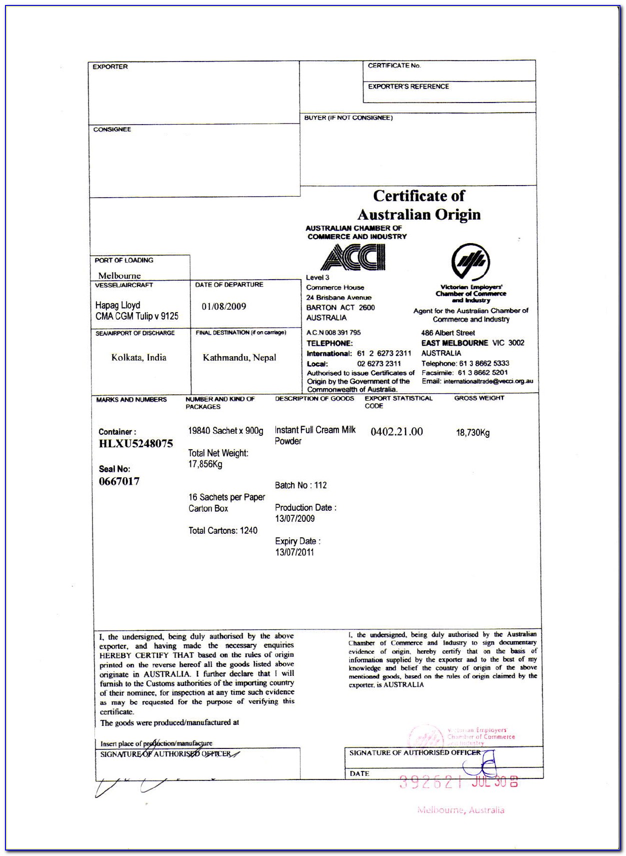 Certificate Of Origin Format Usa