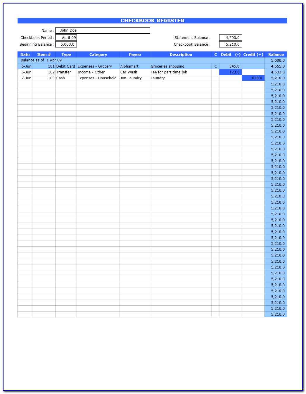 Check Register Template Excel 2013
