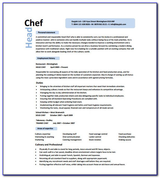 Chef Resume Template Free Download
