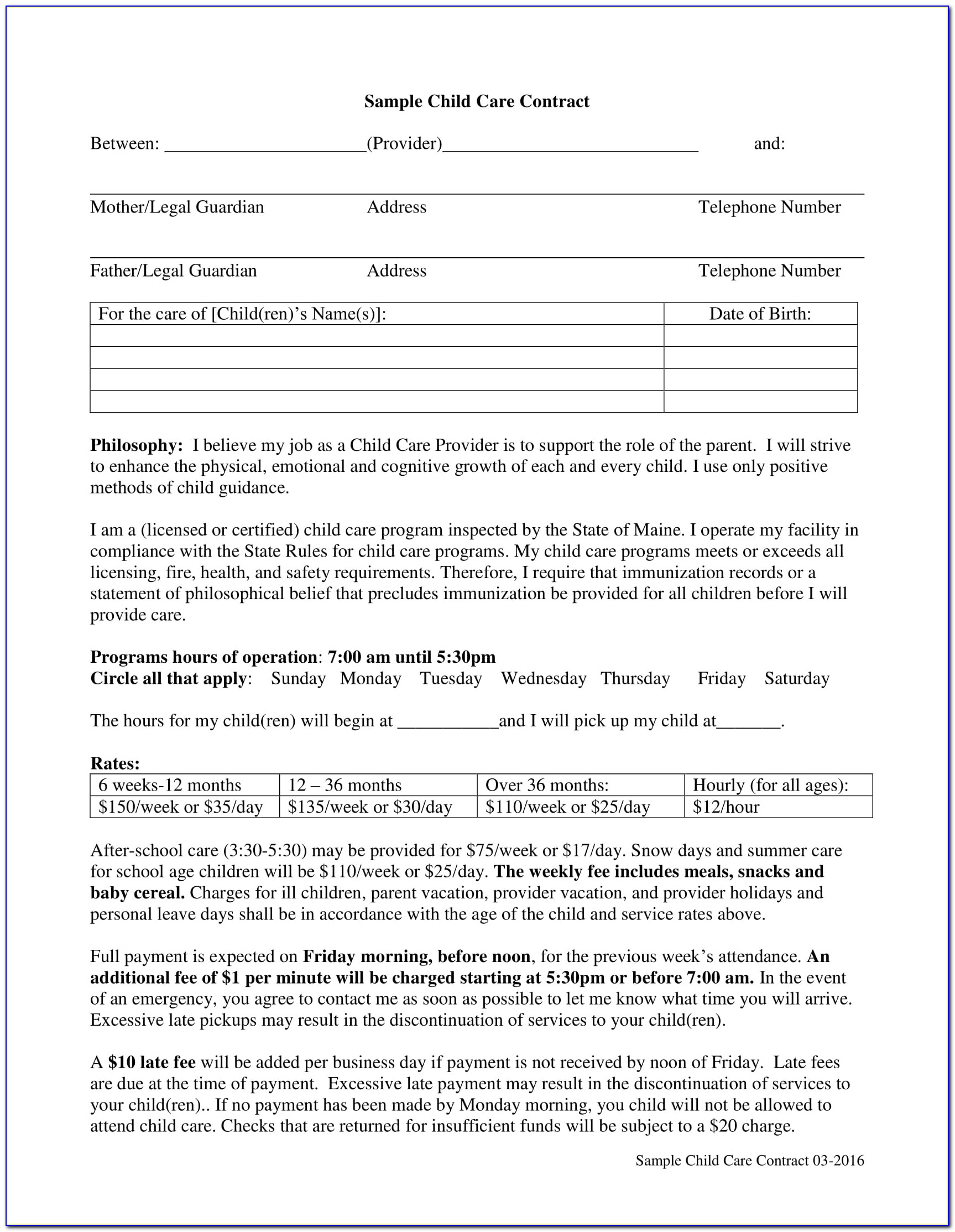 Child Care Agreement Contract Sample