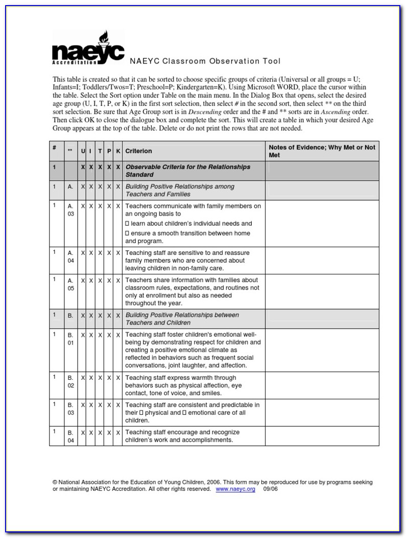 Child Care Classroom Observation Form 340