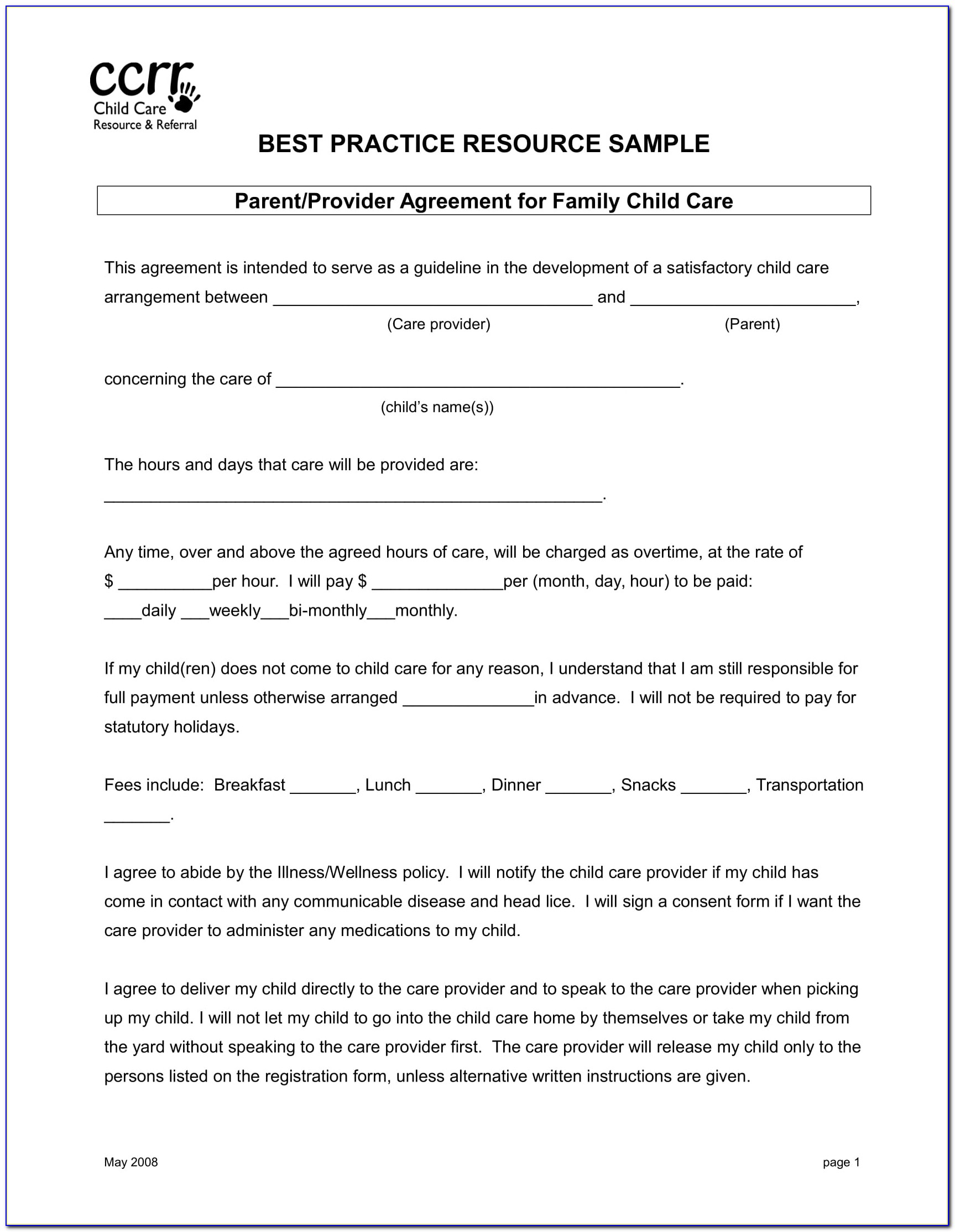 Child Care Contract Template Free