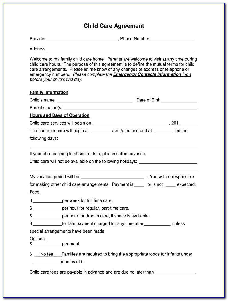 Child Care Contract Template Word