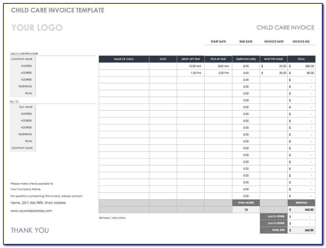 Child Care Invoice Template Word