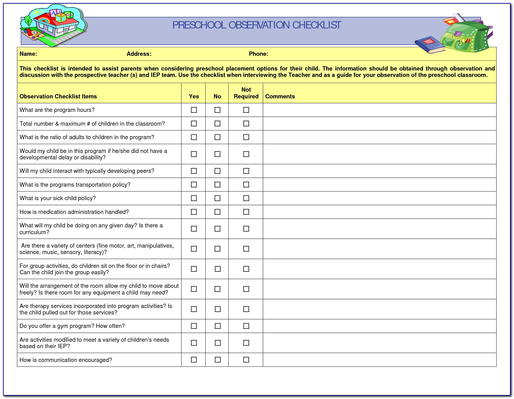 Child Care Teacher Observation Form