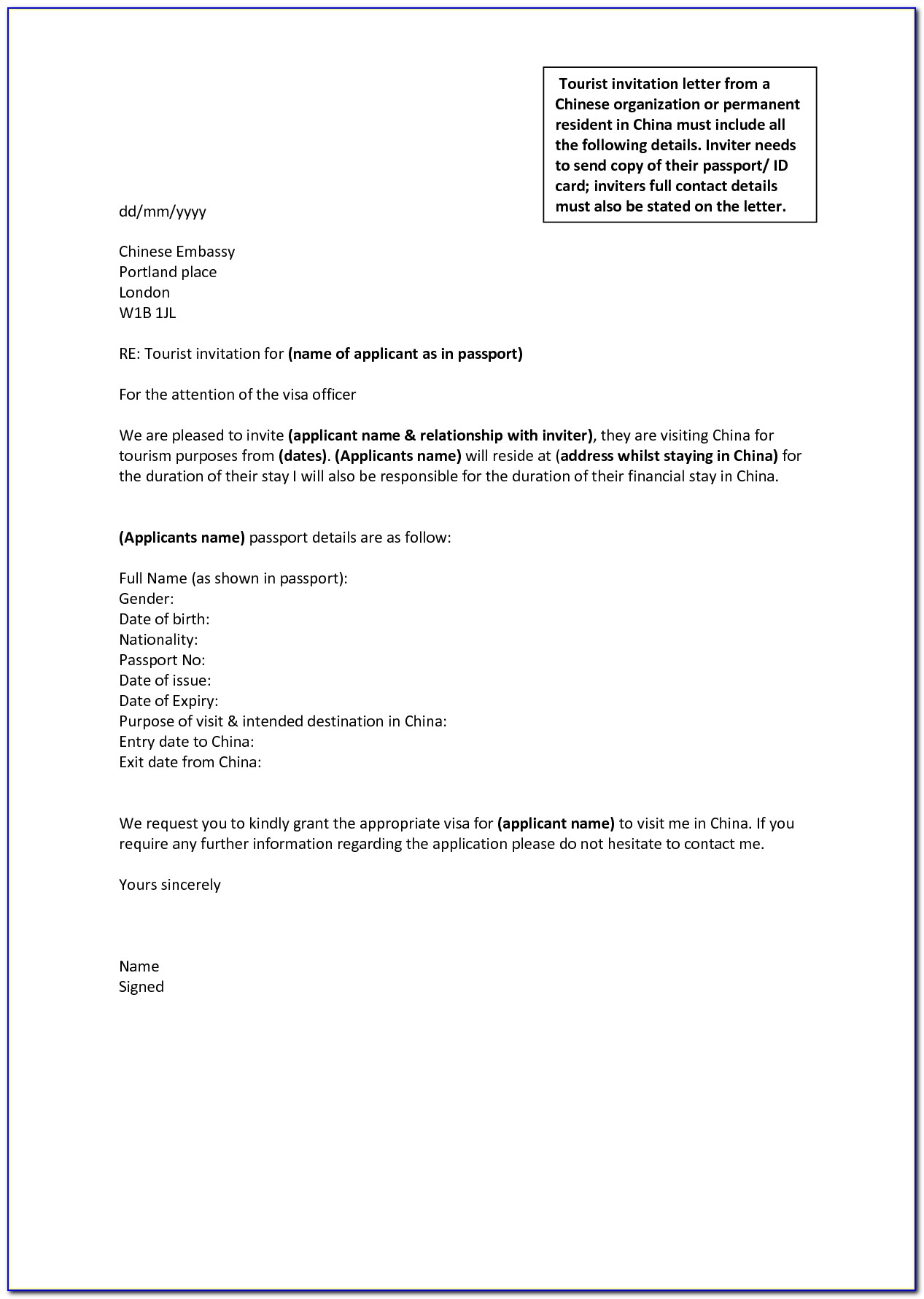 Chinese Business Visa Invitation Letter Template