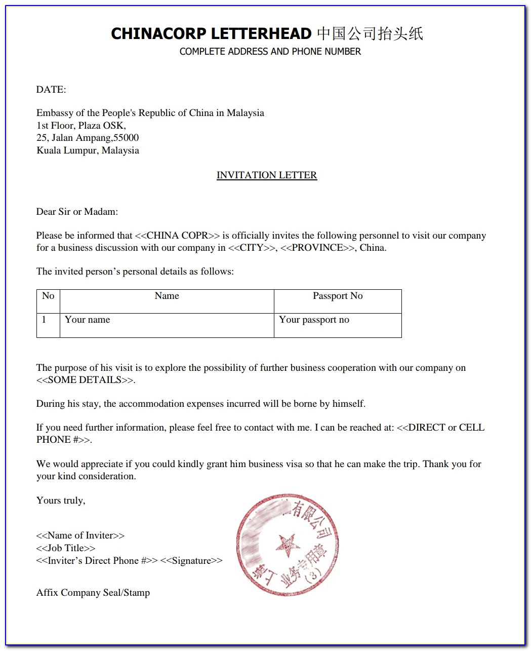 Chinese F Visa Invitation Letter Sample