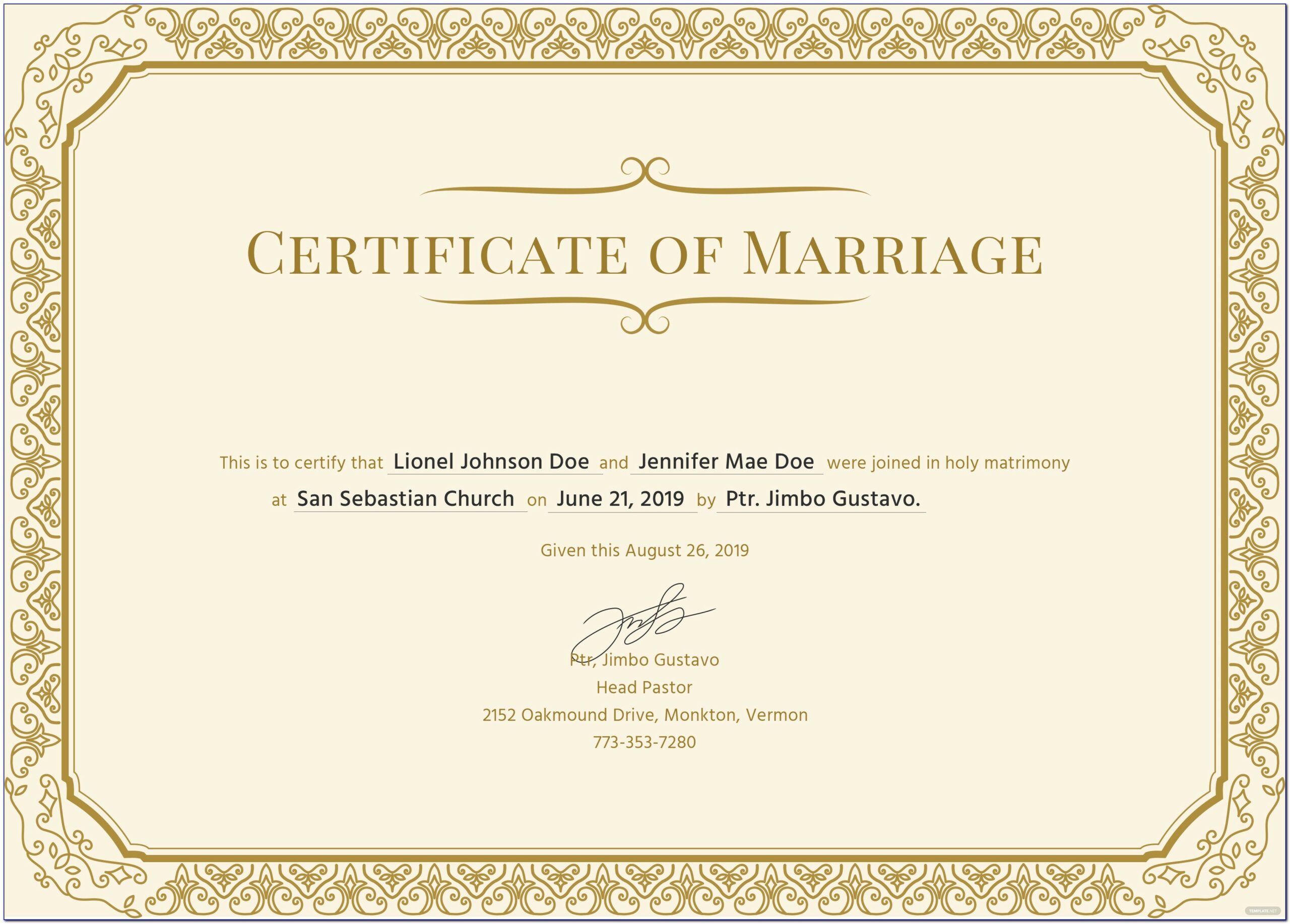 Church Marriage Certificate Template