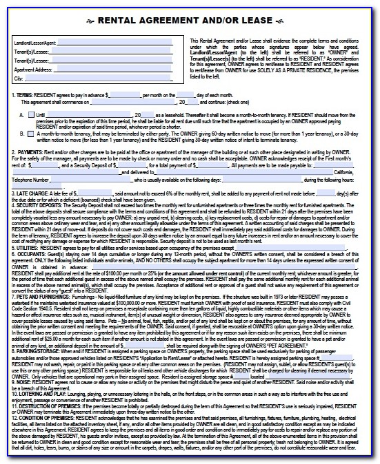 Free California Residential Lease Rental Agreement Form