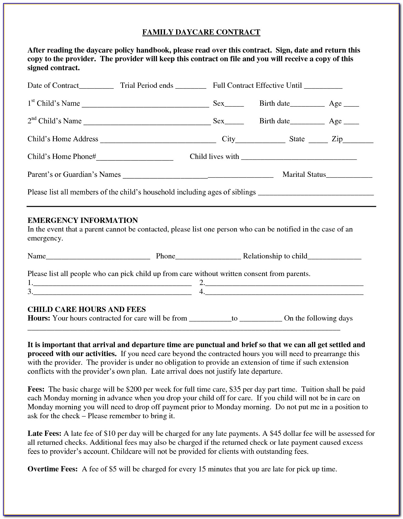 Free Child Care Contract Templates