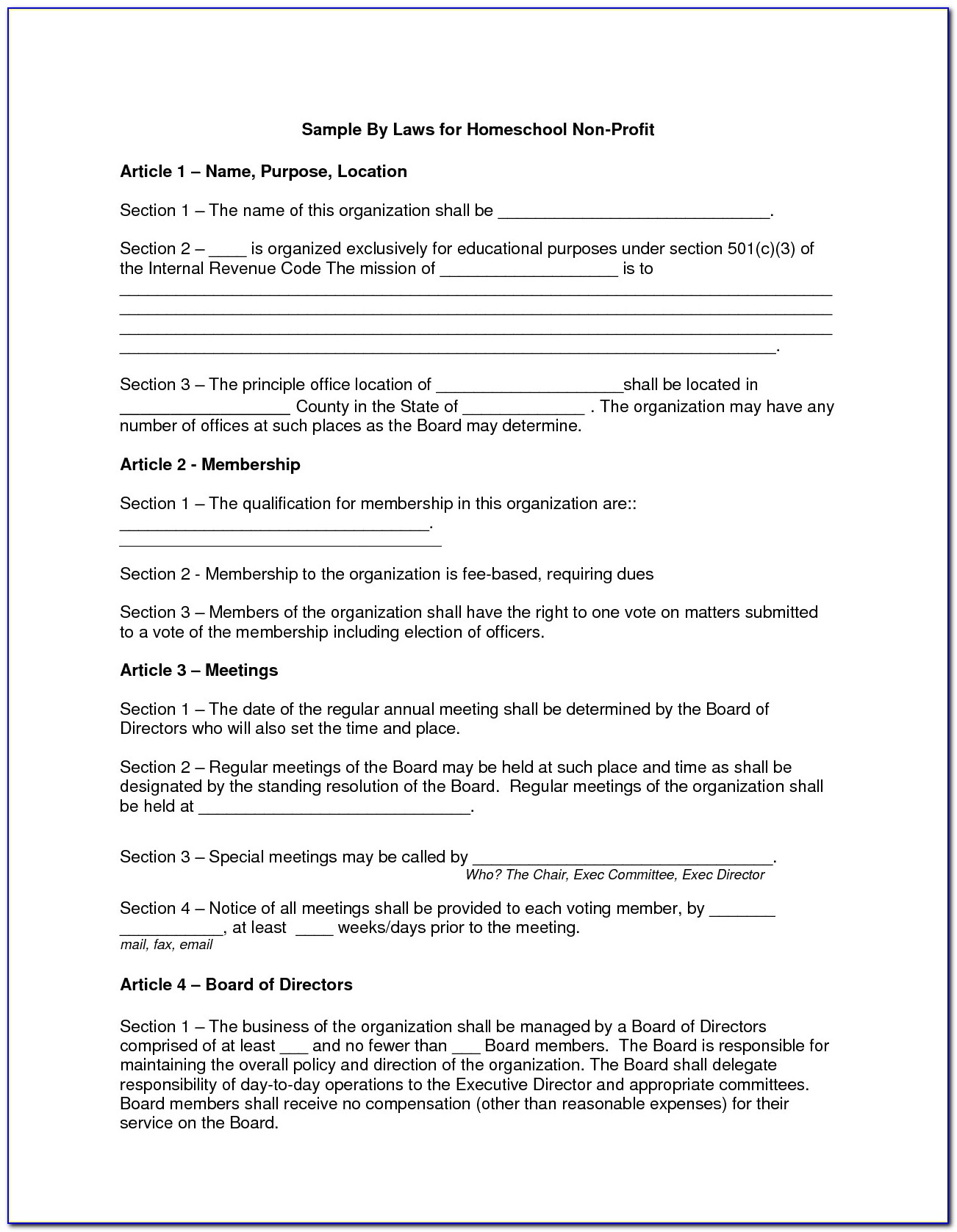 Sample Bylaws Template For Nonprofit Organization