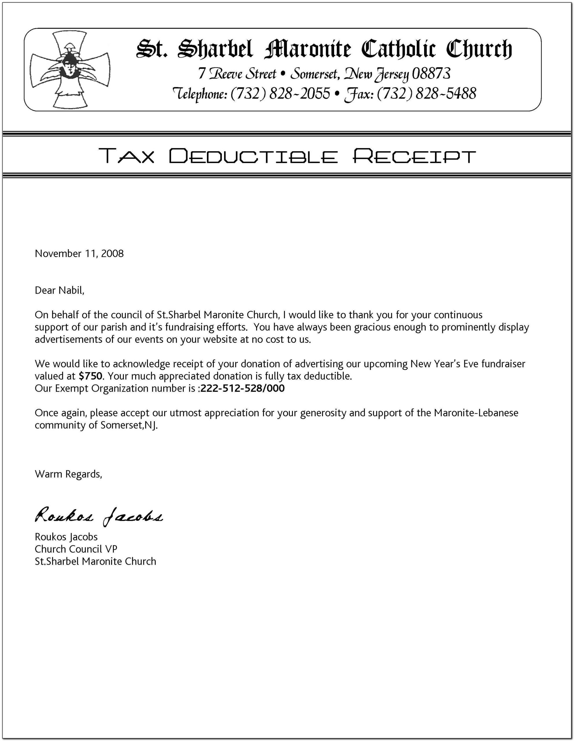 Sample Church Donation Receipt Letter For Tax Purposes