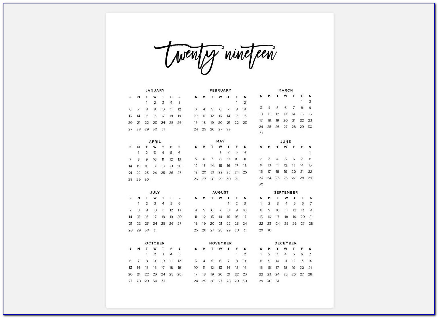 Year At A Glance Calendar Template Word