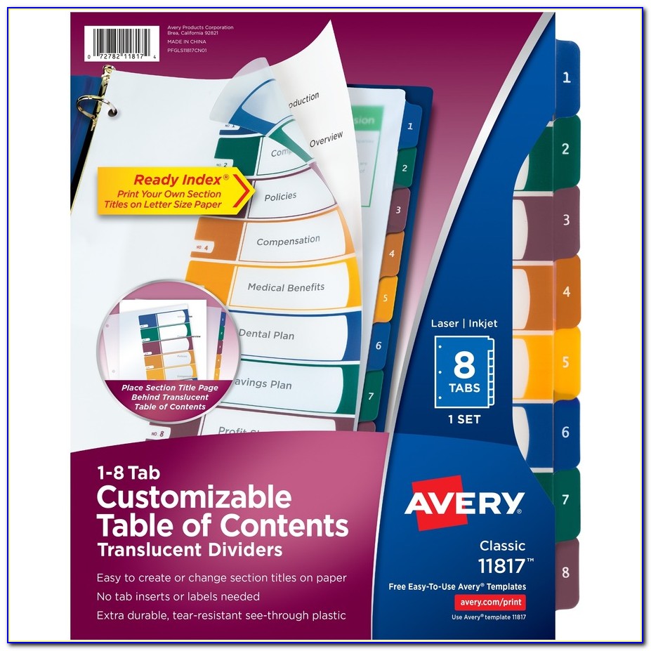 Avery Ready Index Table Of Contents Dividers 8 Tab Template