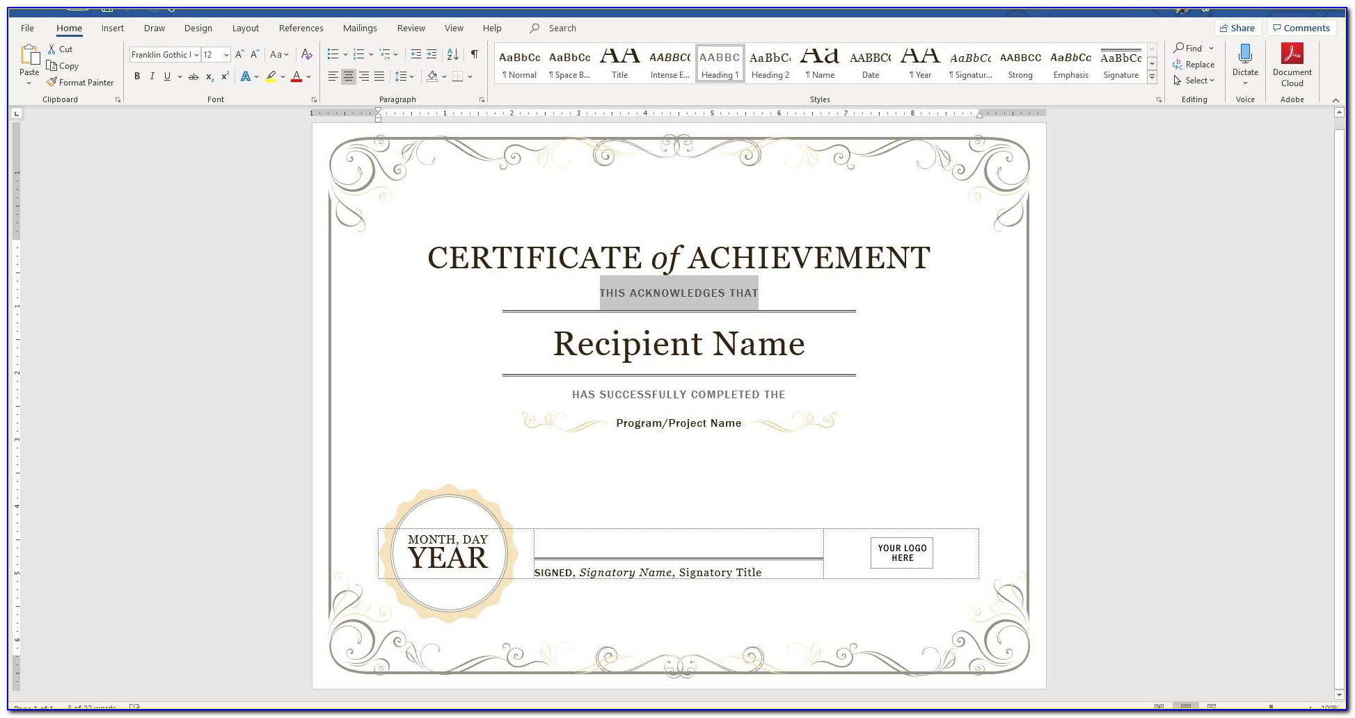 Award Certificate Template Free Word