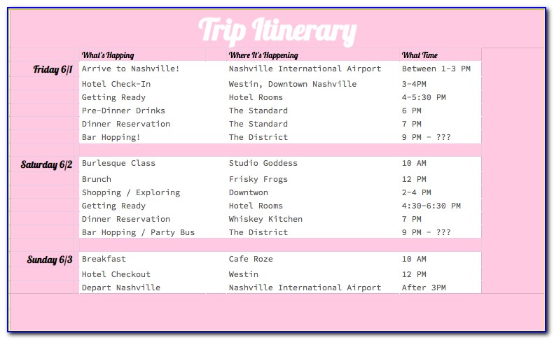 Bachelorette Itinerary Template Excel