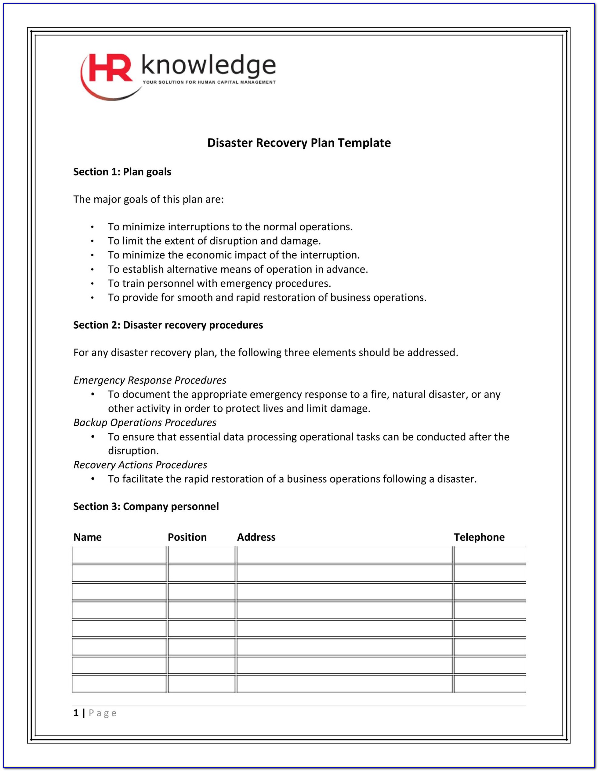 Backup And Disaster Recovery Plan Template