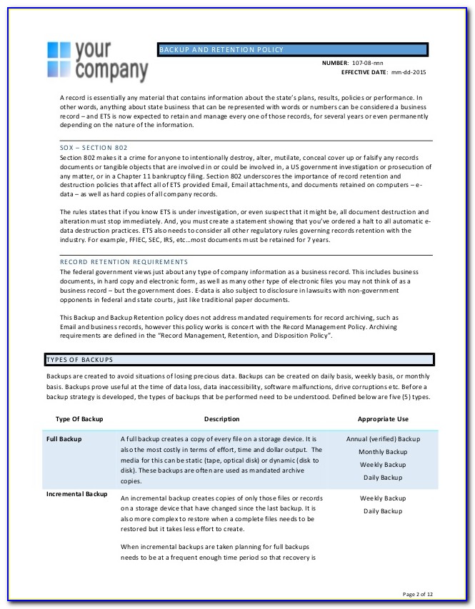 Backup Policy Template Pdf