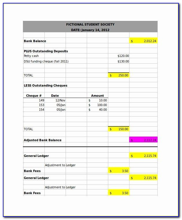 Bank Reconciliation Form Word Template