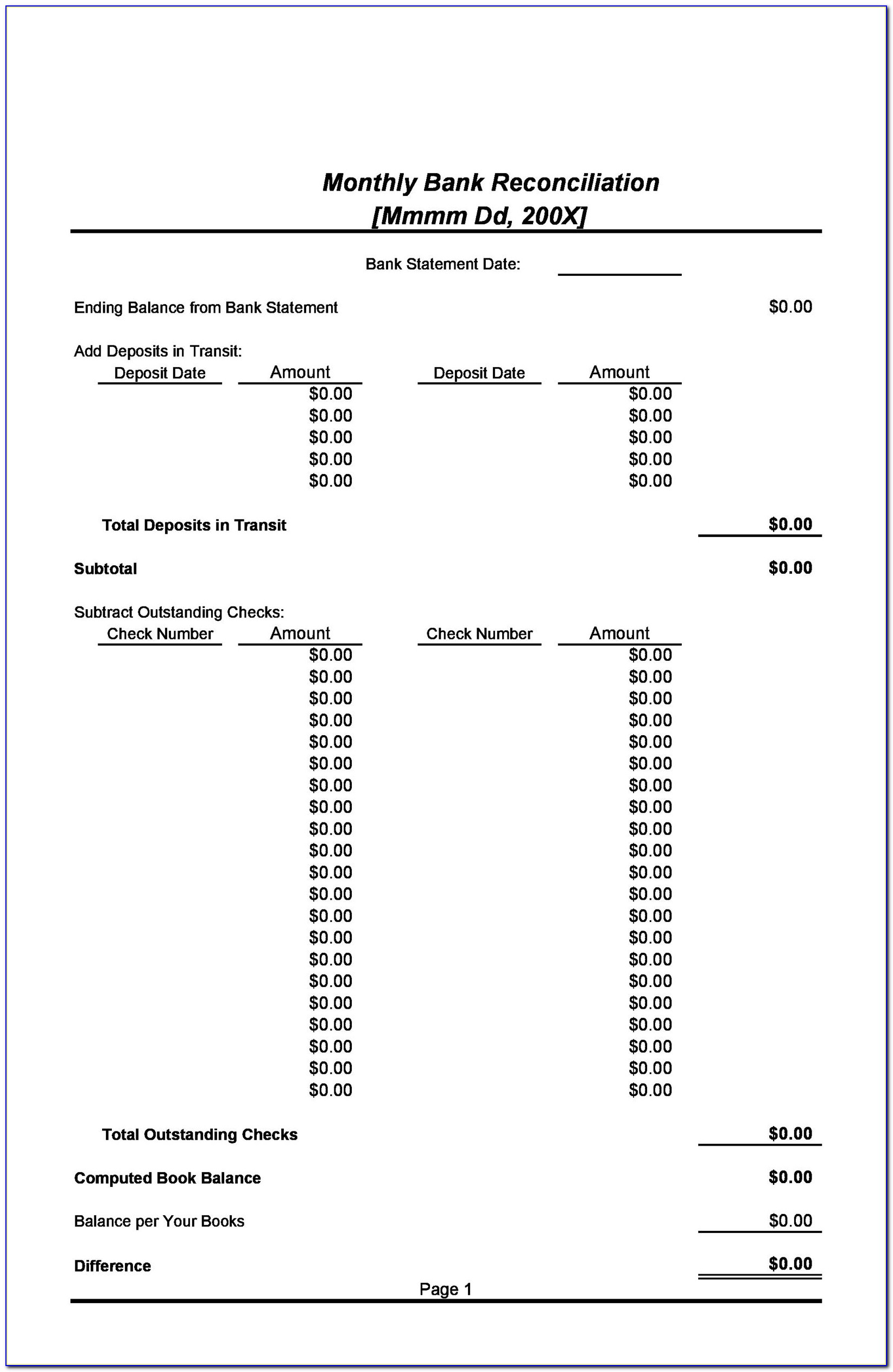 Bank Reconciliation Statement Template Free