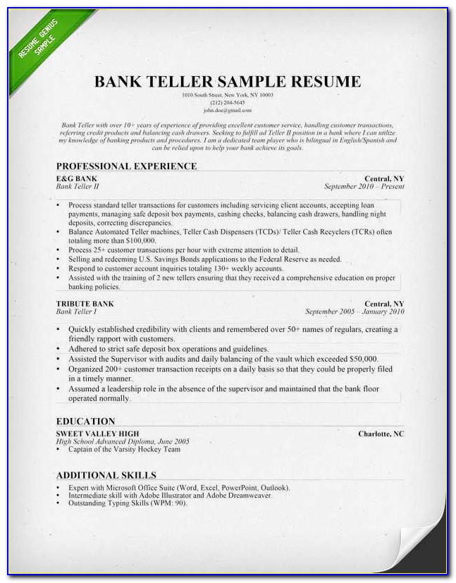 Bank Teller Resume Sample With Experience