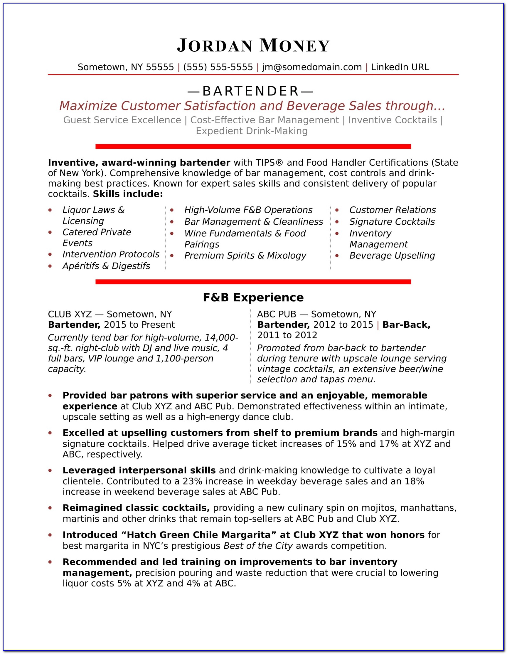 Bartender Resume Example No Experience