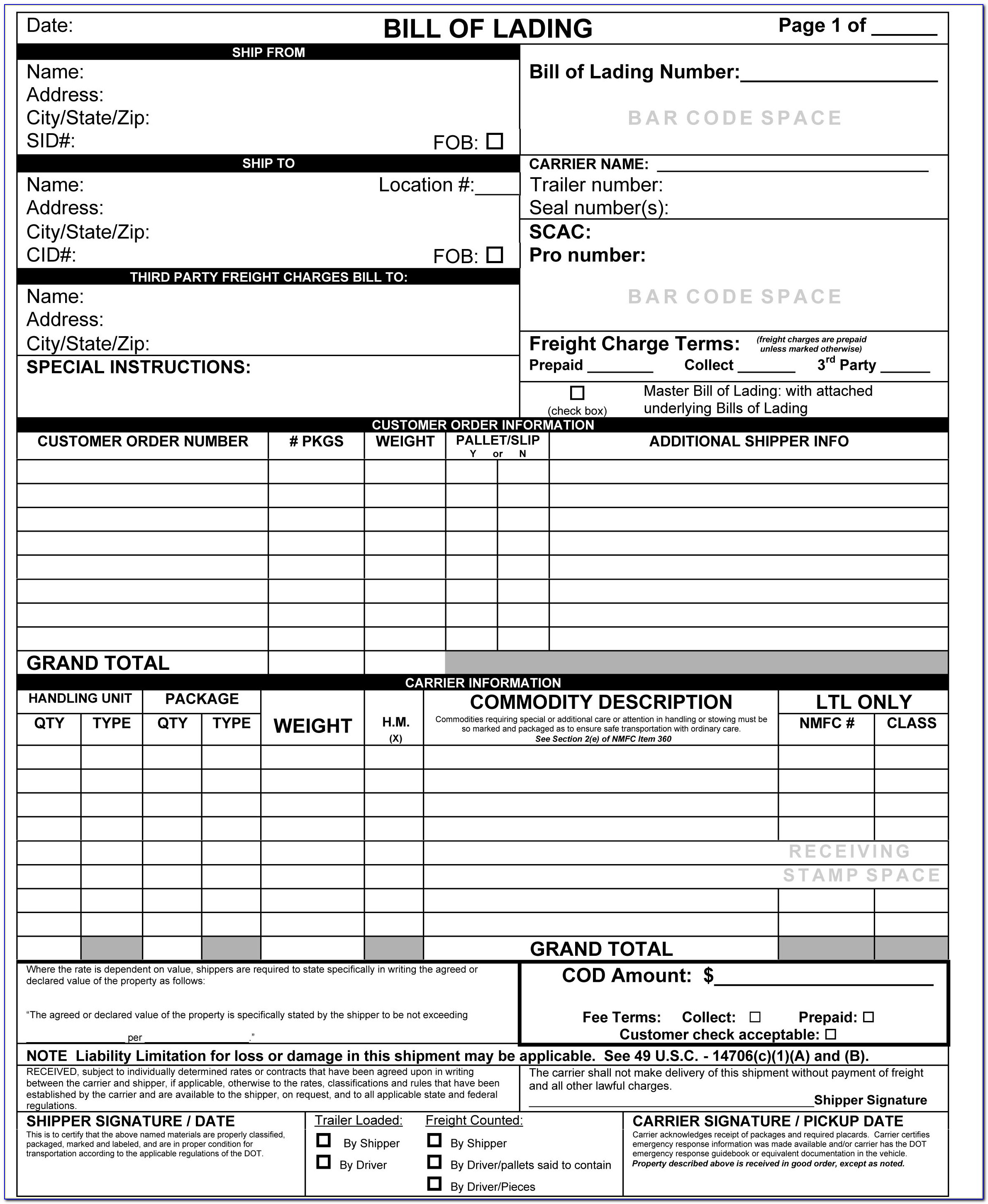 Printable Bill Of Lading Template Excel