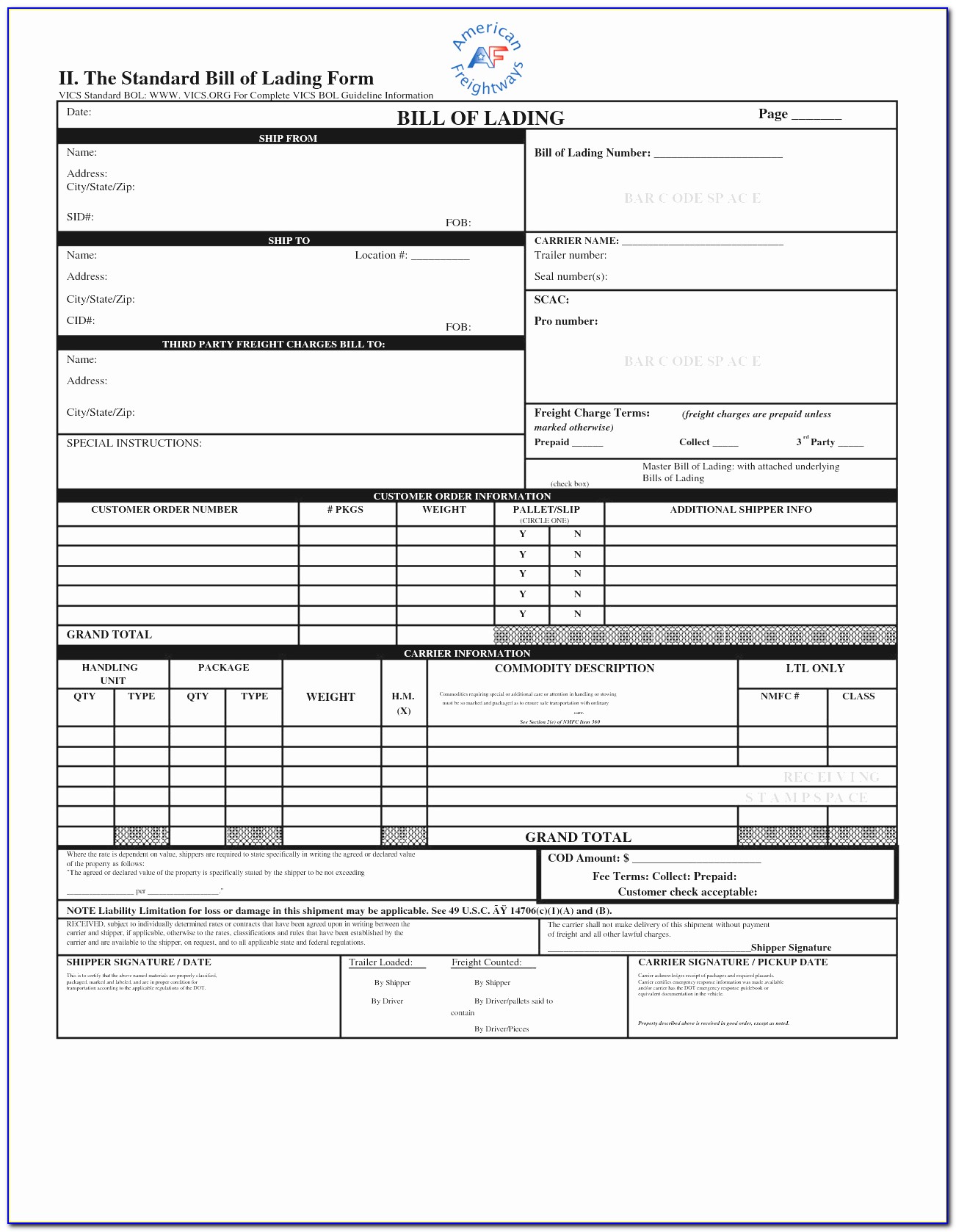 Bill Of Lading Form Word Document