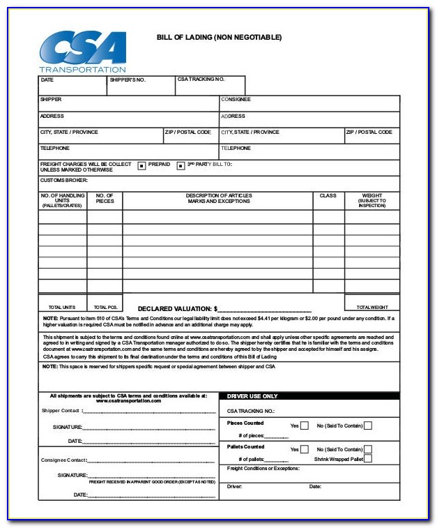 Bill Of Lading Forms Free