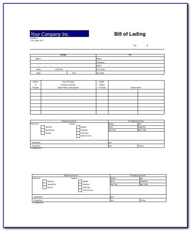 Bill Of Lading Template Word Free