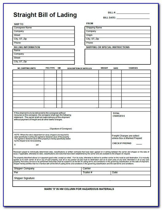 Blank Bill Of Lading Form Free