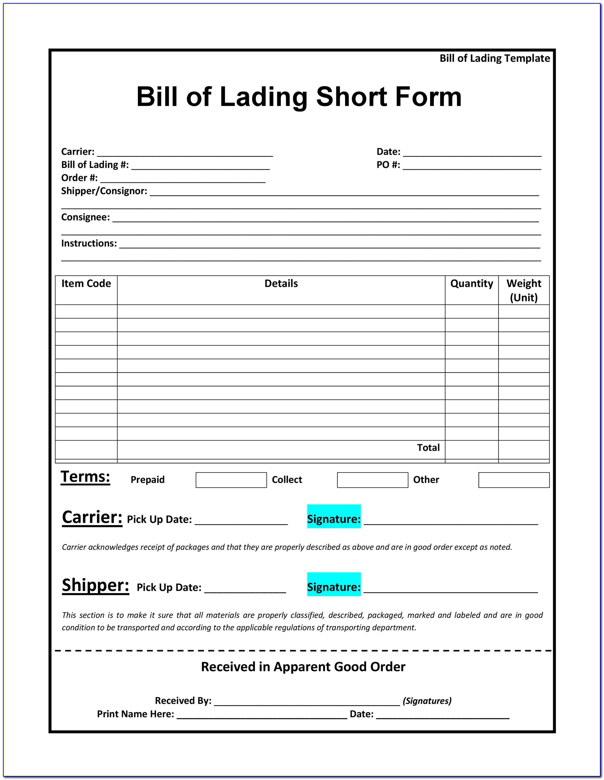 Blank Bill Of Lading Form Pdf