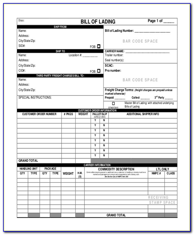 Blank Bill Of Lading Template Printable