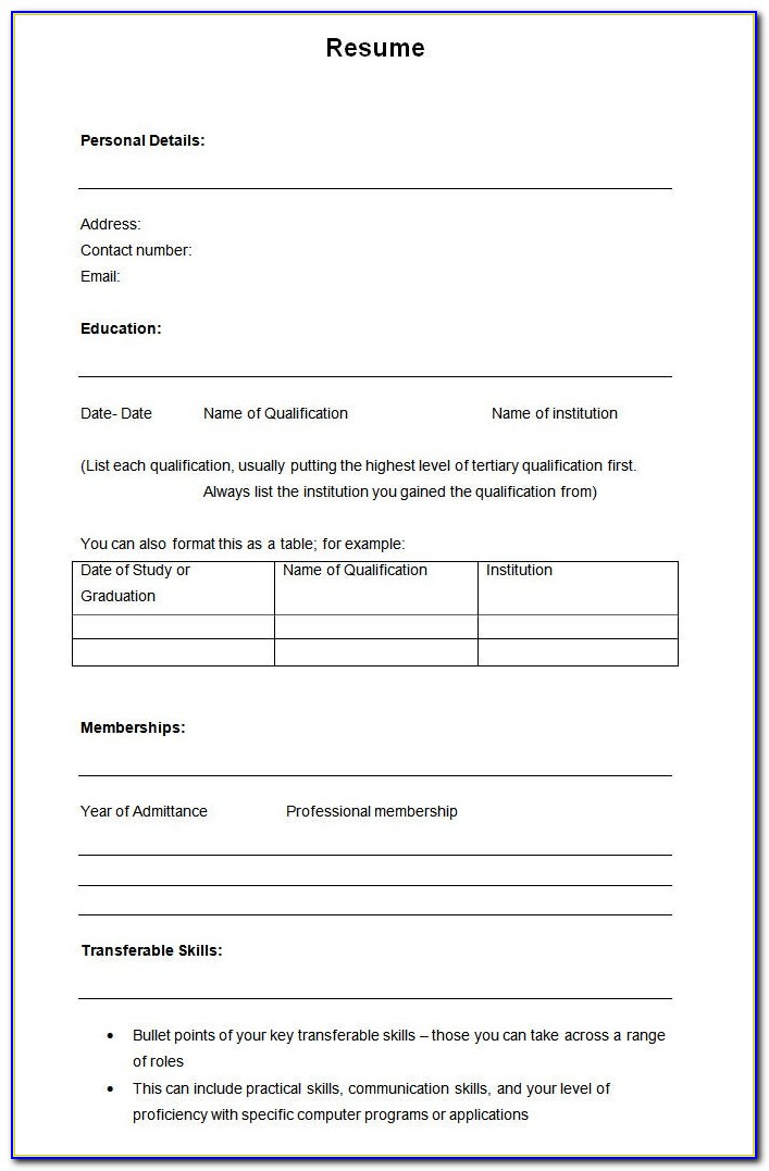 Blank Format For Resume