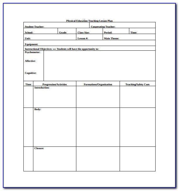 Blank Physical Education Lesson Plan Template