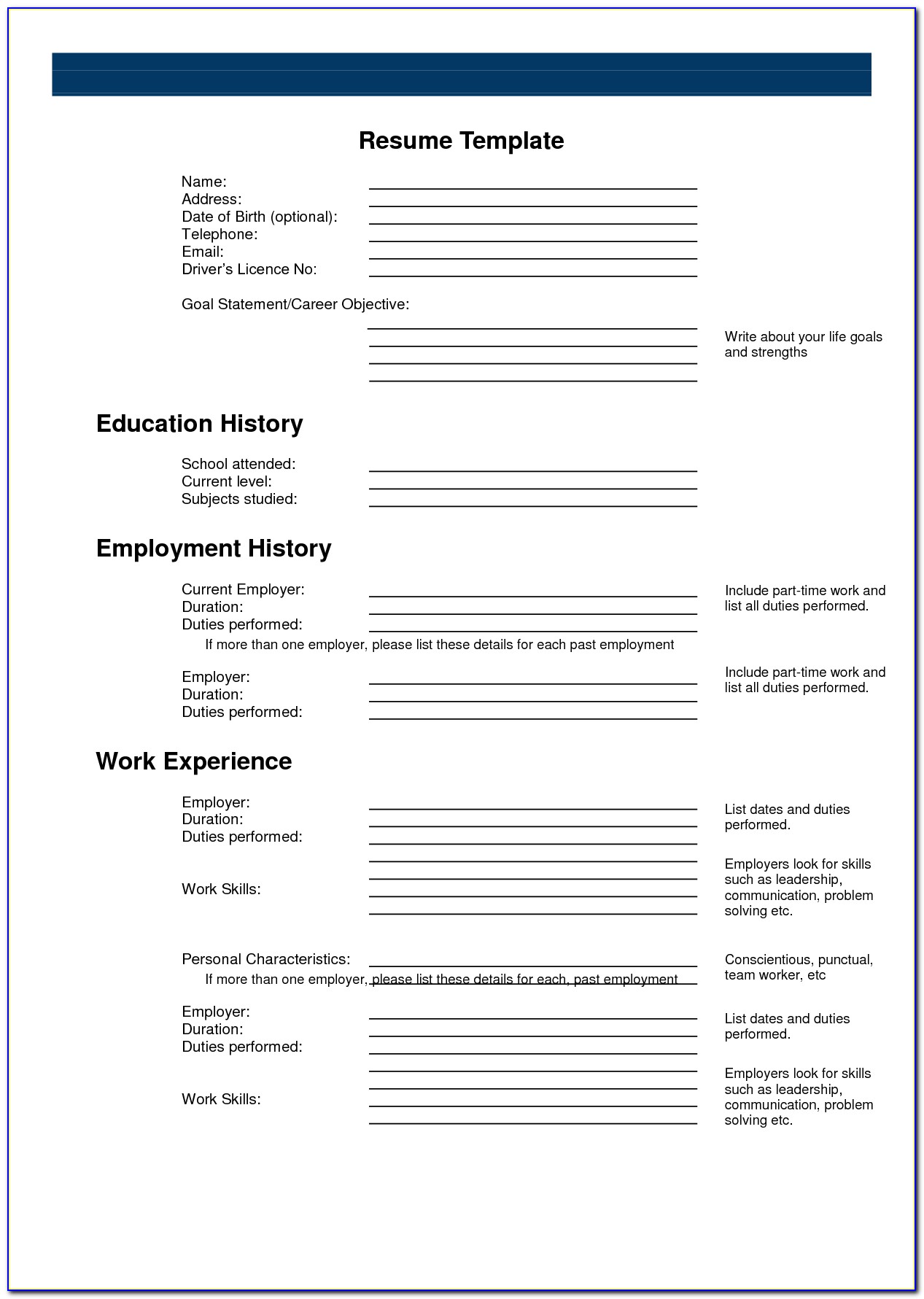 Blank Resume Form Templates