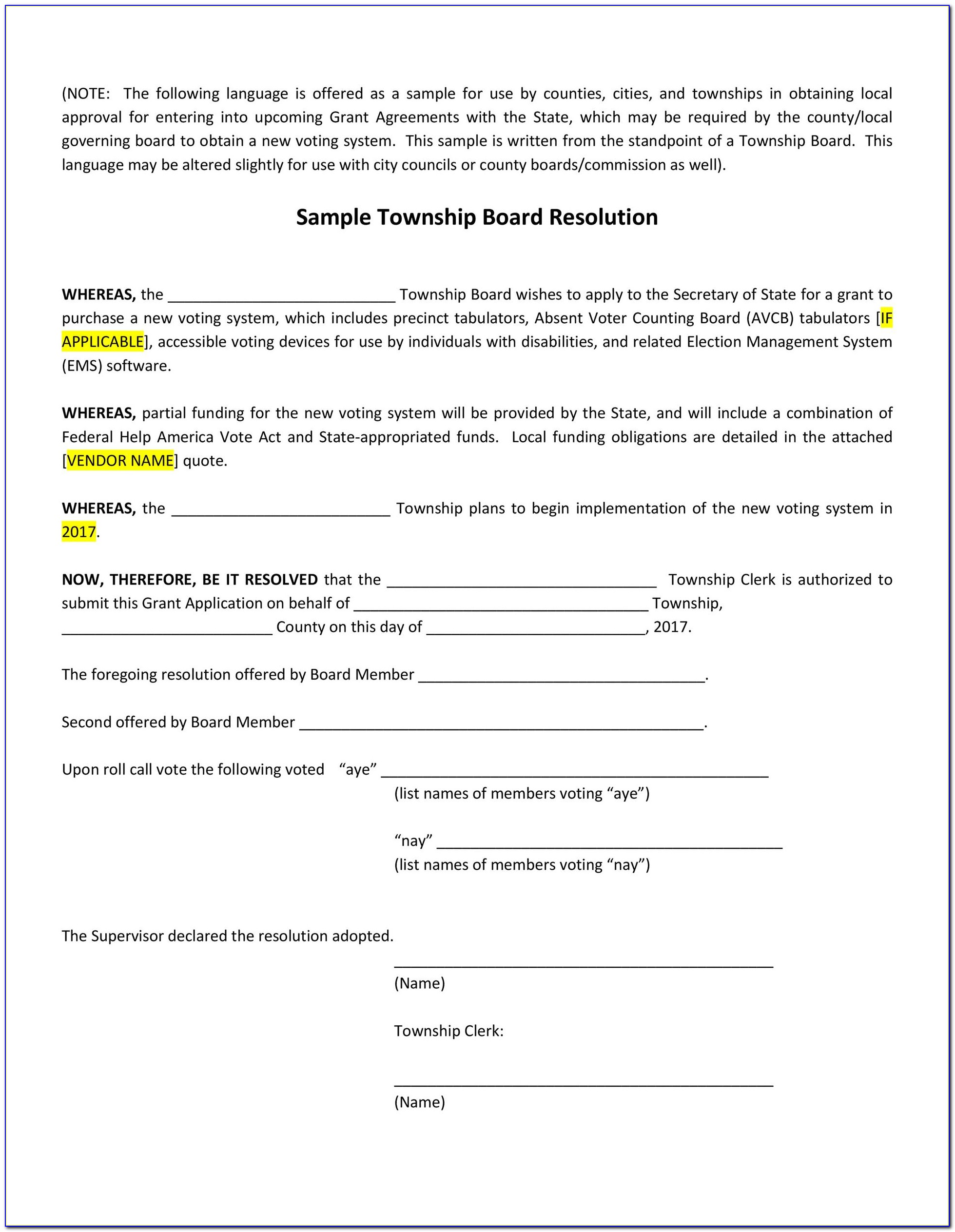 Board Of Directors Meeting Resolution Template