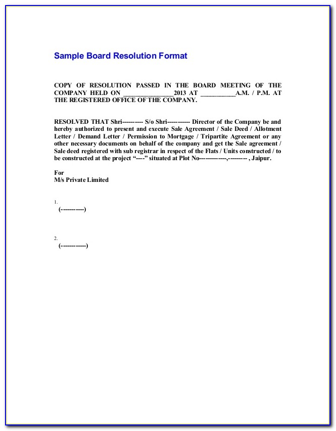 Board Of Directors Resolution Format