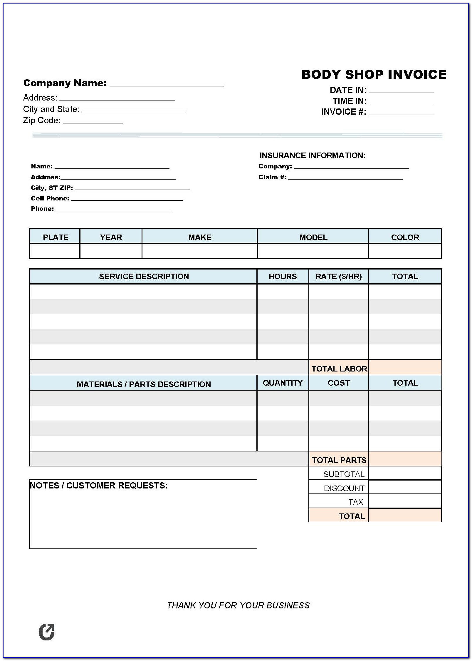 Body Shop Invoice Template Excel