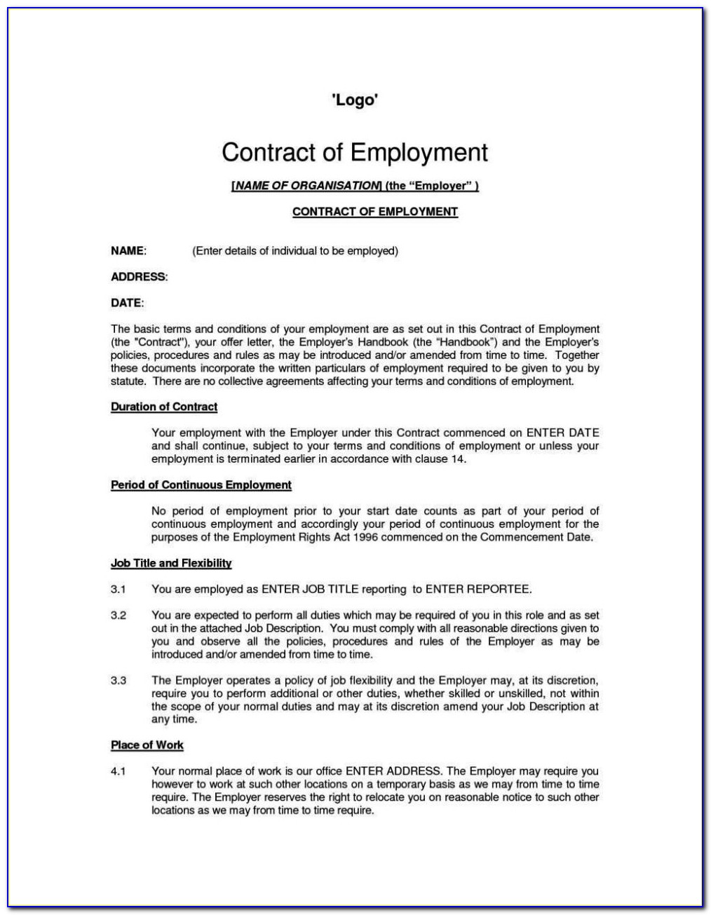 Employment Contract Template Uk Free